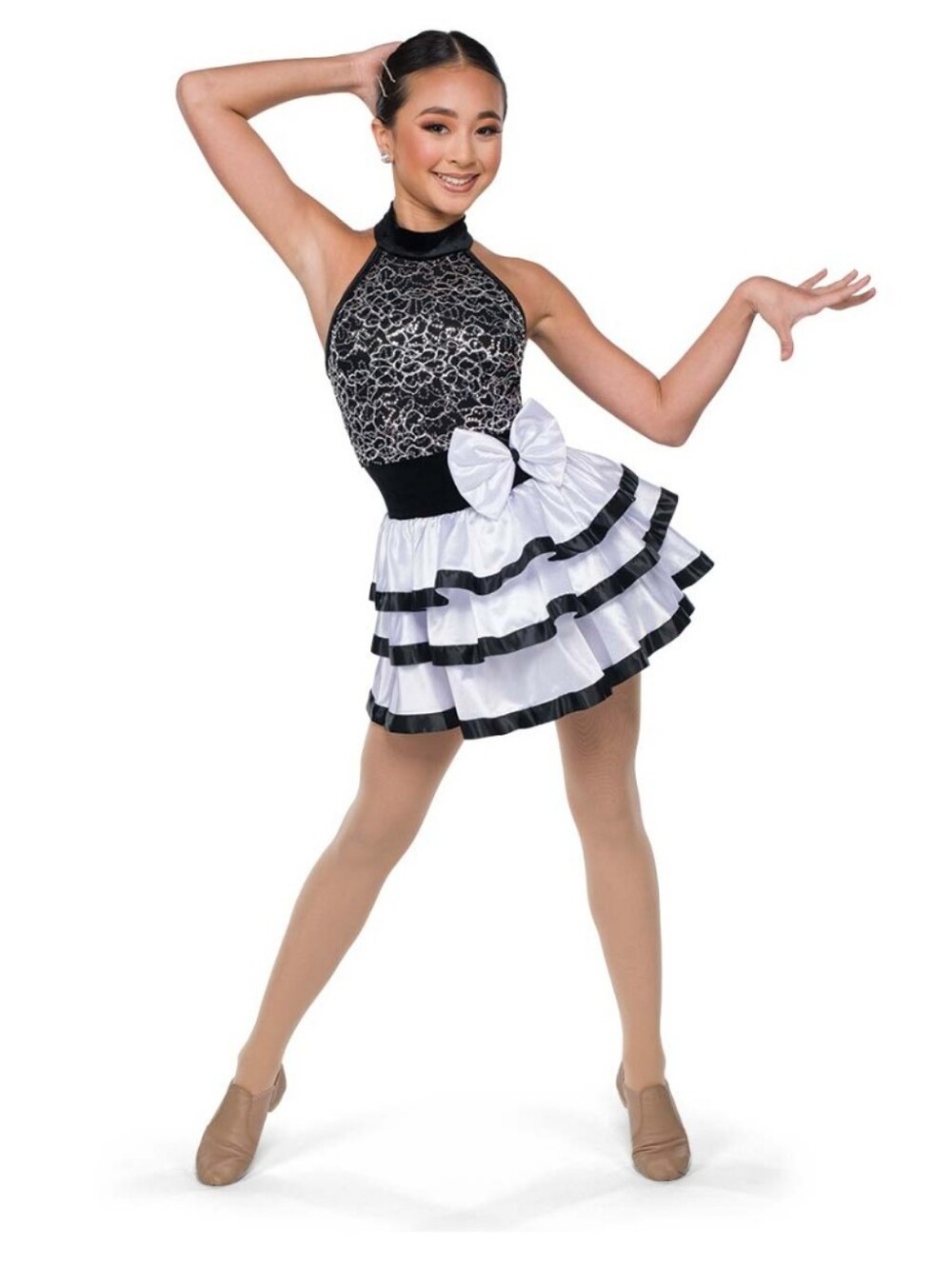 Black & White Girls' Dance Costume with Layered Ruffle Skirt